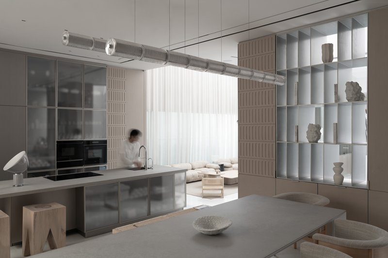 Residência BB 214 / Minimalist Architecture & Design Studio - Fotografia de Interiores, Cozinha, Mesa, Iluminação, Cadeira, Vidro, Prateleira